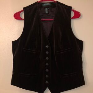 LAUREN RALPH LAUREN Velvet Vest Brown Button Down V-neck Lined Sz PL